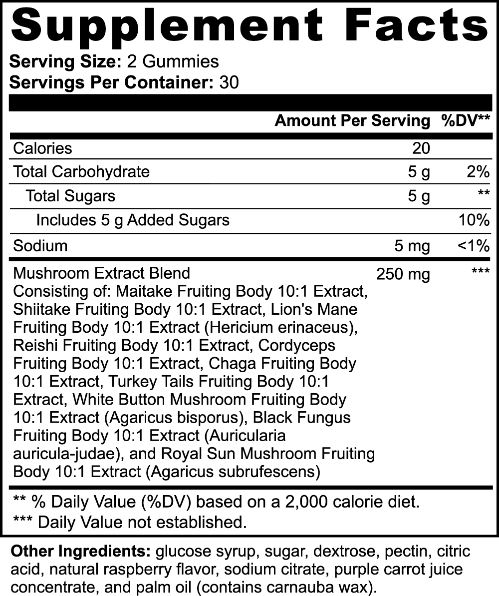 Mushroom Extract Complex - Raspberry Flavor (60 Gummies)